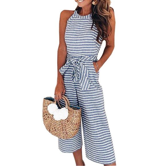 Pretty Garden Pants - Pretty Garden Sleeveless Wide Leg Striped Jumpsuits
